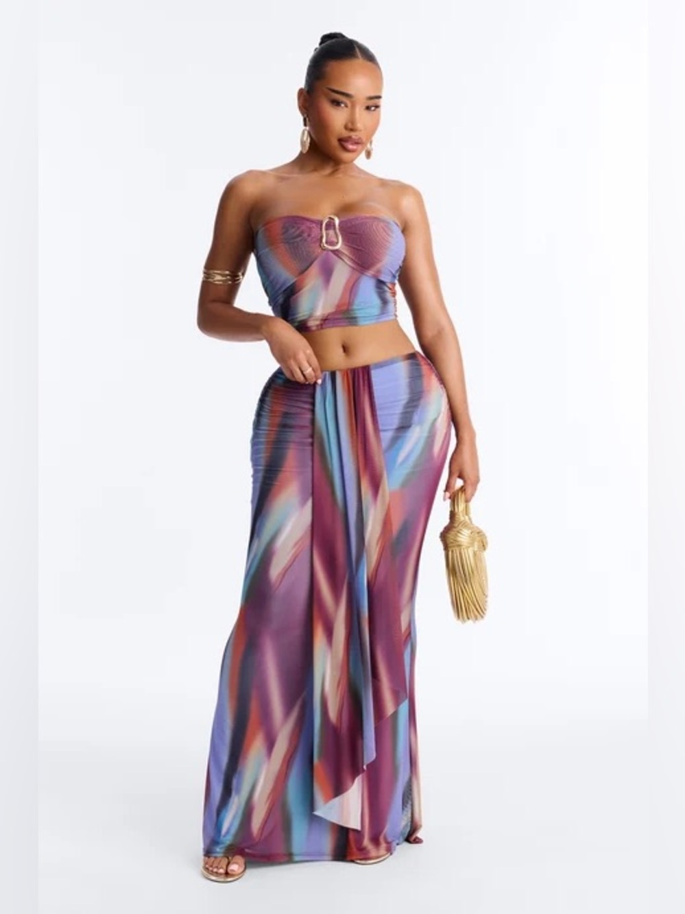 Fashion Nova Abstract Purple Blue Rust Maxi Skirt Set